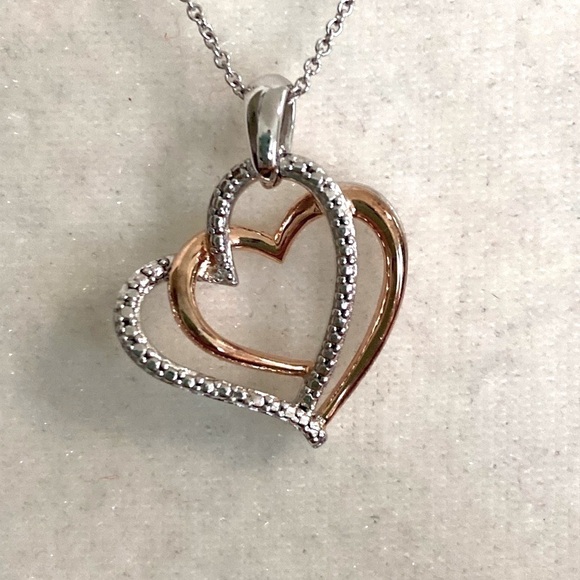 Diamond Heart Accent Sterling Silver Pendant Rose Gold Necklace Love Anniversary - Picture 3 of 16